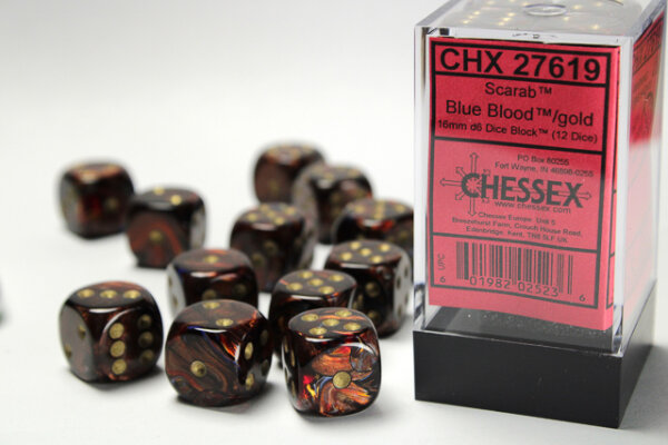 Chessex Dice Sets Blue Blood/Gold Scarab 16mm d6 (12)