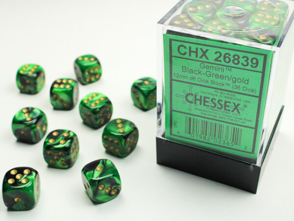 Chessex Dice Sets Gemini 4 12mm D6 Black Green/gold (36)