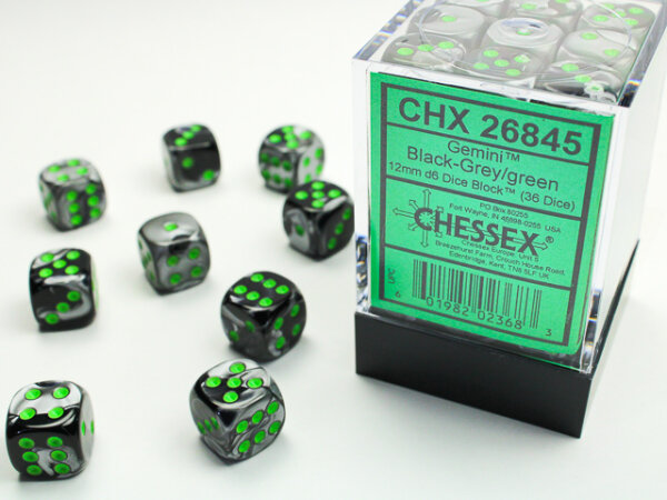 Chessex Dice Sets Gemini 5 12mm d6 Black-Grey/Green (36)