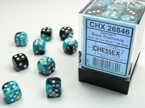 Chessex Dice Sets Gemini 5 12mm d6 Black-Shell/White (36)