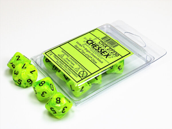 Chessex Dice Sets Vortex Bright Green w/Black d10 Set (10)