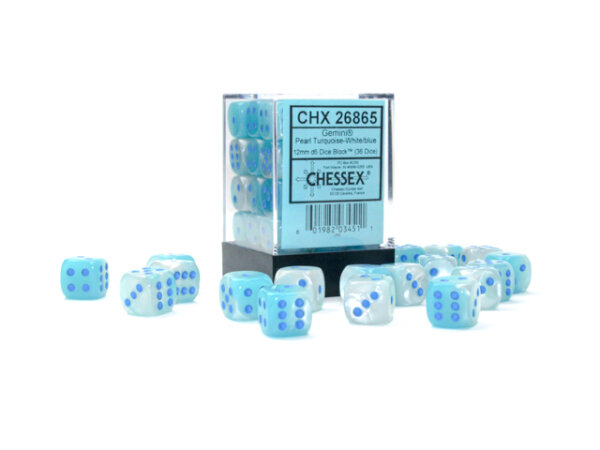 Chessex Gemini 12mm d6 Pearl Turquoise-White/blue Luminary Dice Block (36 dice)