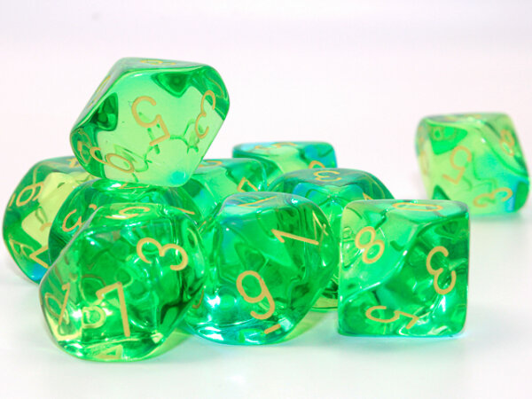 Chessex Gemini Translucent Green-Teal/yellow Set of 10 d10s