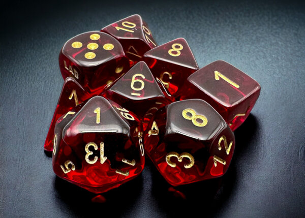 Chessex Lab Dice 7 Translucent Polyhedral Crimson/gold 7-Die Set (with bonus die)