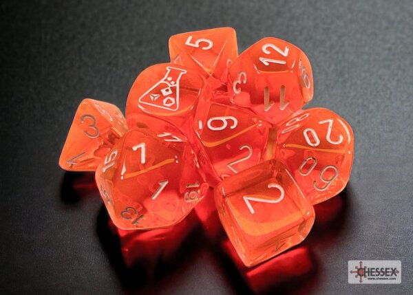 Chessex Lab Dice 7 Translucent Polyhedral Neon Orange/white 7-Die Set (with bonus die)