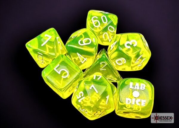 Chessex Lab Dice 7 Translucent Polyhedral Neon Yellow/white 7-Die Set (with bonus die)