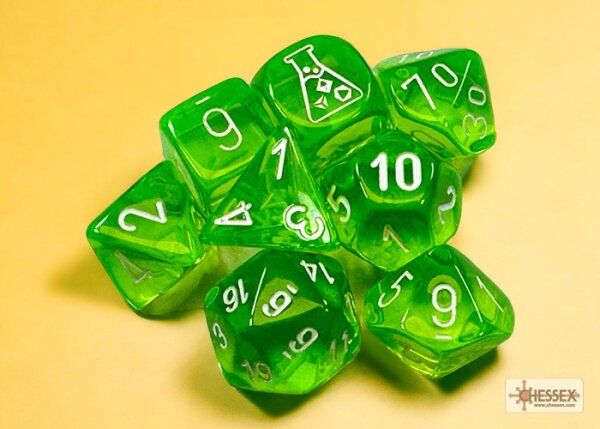 Chessex Lab Dice 7 Translucent Polyhedral Rad Green/white 7-Die Set (with bonus die)