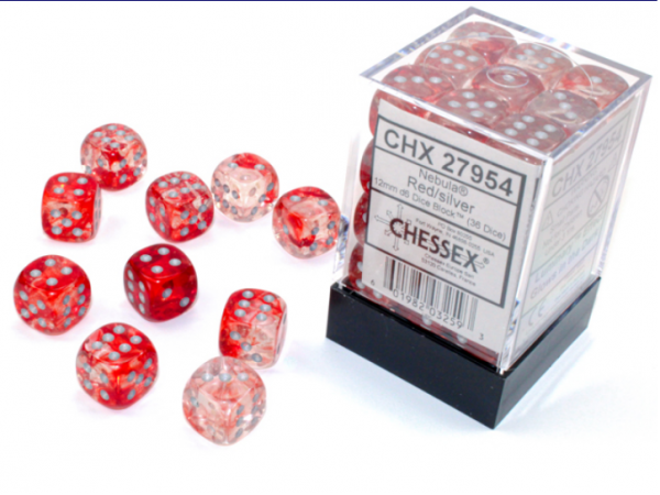 Chessex Nebula 12mm d6 Red/silver Luminary Dice Block (36 dice)