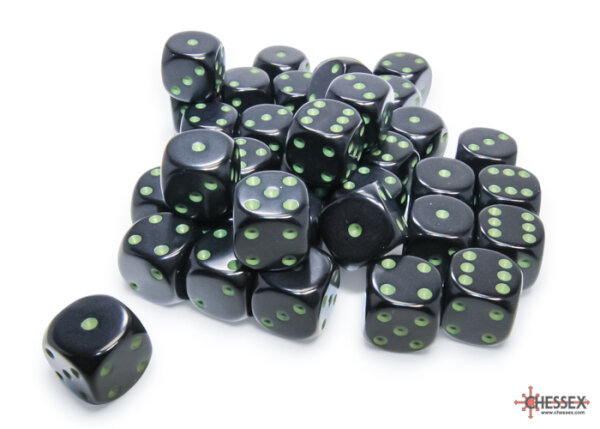 Chessex Opaque 12mm d6 Black/green Dice Block (36)