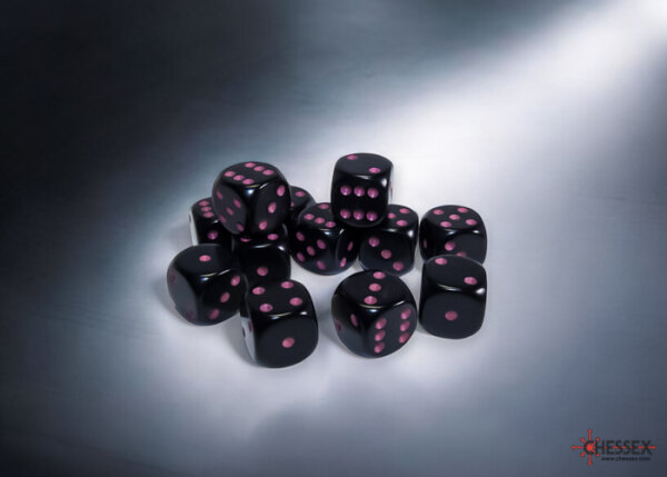 Chessex Opaque 16mm d6 Black/pink Dice Block (12)