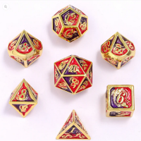 Solid Metal Dragon Polyhedral Dice Set Gold w/ Red &...